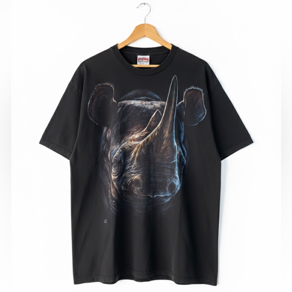 Vintage Hot Rock Rhino Graphic T-Shirt XL Black Faded Wildlife Nature Tee Y2K